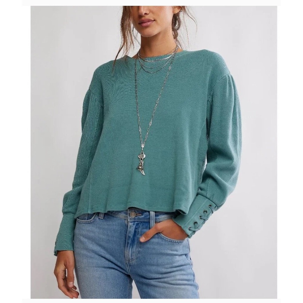 FREE PEOPLE We The Free Lapis Cuff Long Sleeve Top Cypress Boho Waffle Knit